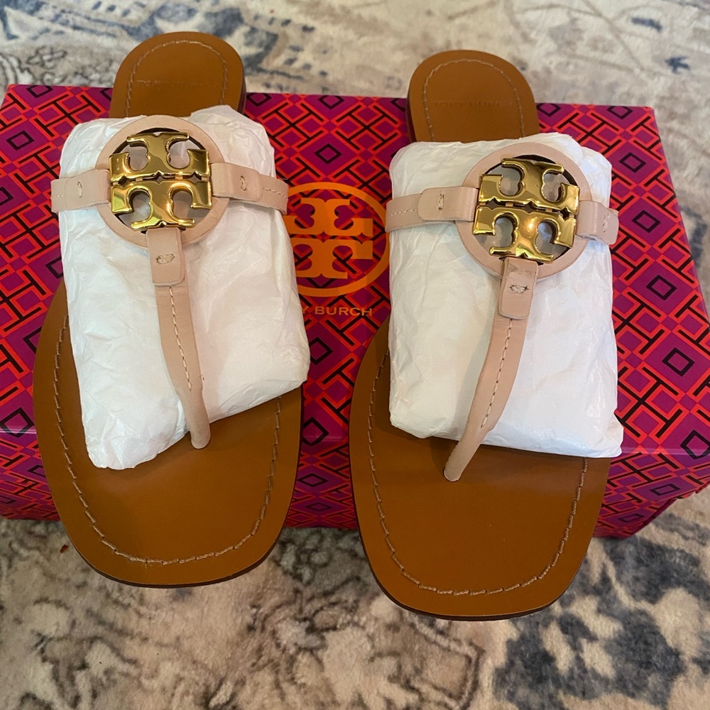 Tory Burch Brown Sandals with Gold Emblem